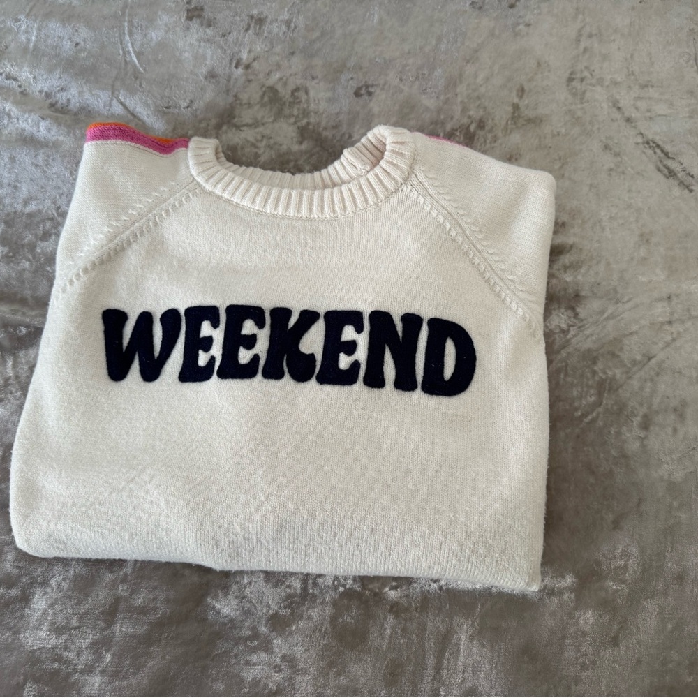 Shiraleah Cream “Weekend” Sweater with orange, green, and hot pink stripe down a